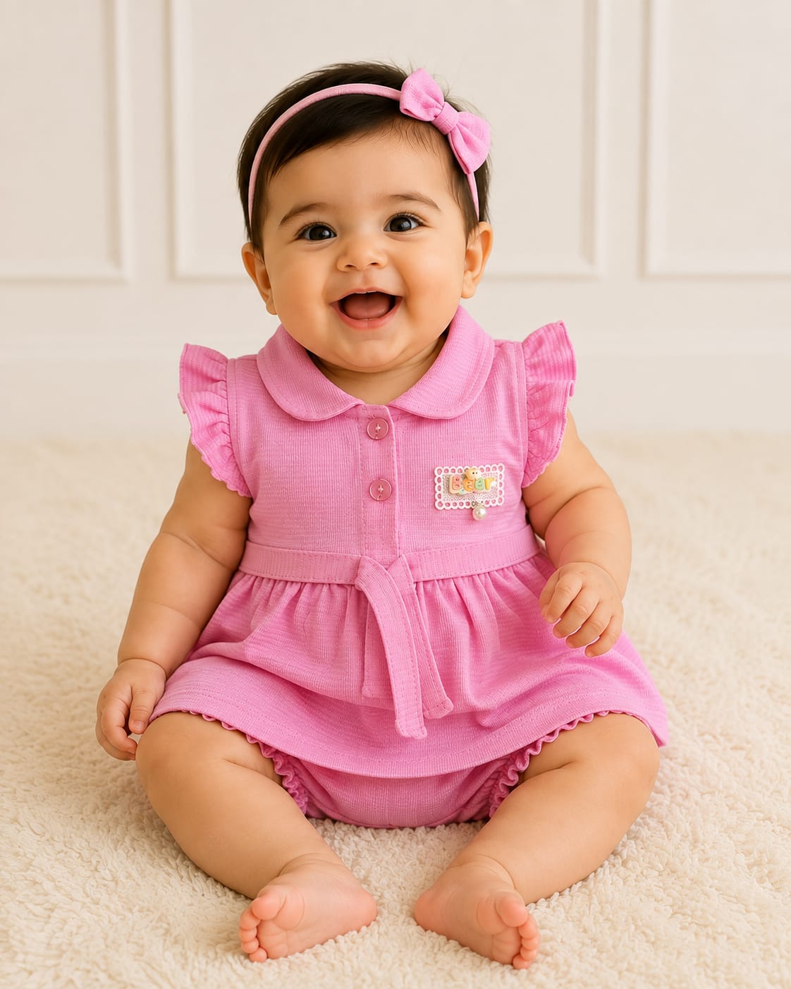 Baby Girls Dress Set with Bloomer Shorts | Collared Frock with Ruffle Sleeves & Waist Tie | Cute Casual Outfit for Kids