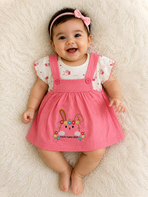 Baby Girls Bunny Embroidered Dress Set | Cute Printed T-Shirt with Suspender Frock | Stylish Casual Outfit for Kids
