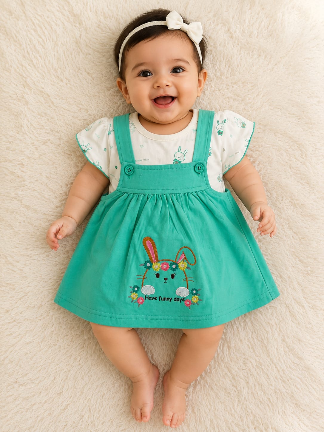 Baby Girls Bunny Embroidered Dress Set | Cute Printed T-Shirt with Suspender Frock | Stylish Casual Outfit for Kids