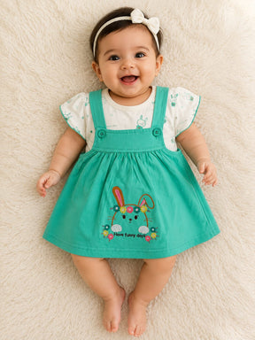 Baby Girls Bunny Embroidered Dress Set | Cute Printed T-Shirt with Suspender Frock | Stylish Casual Outfit for Kids