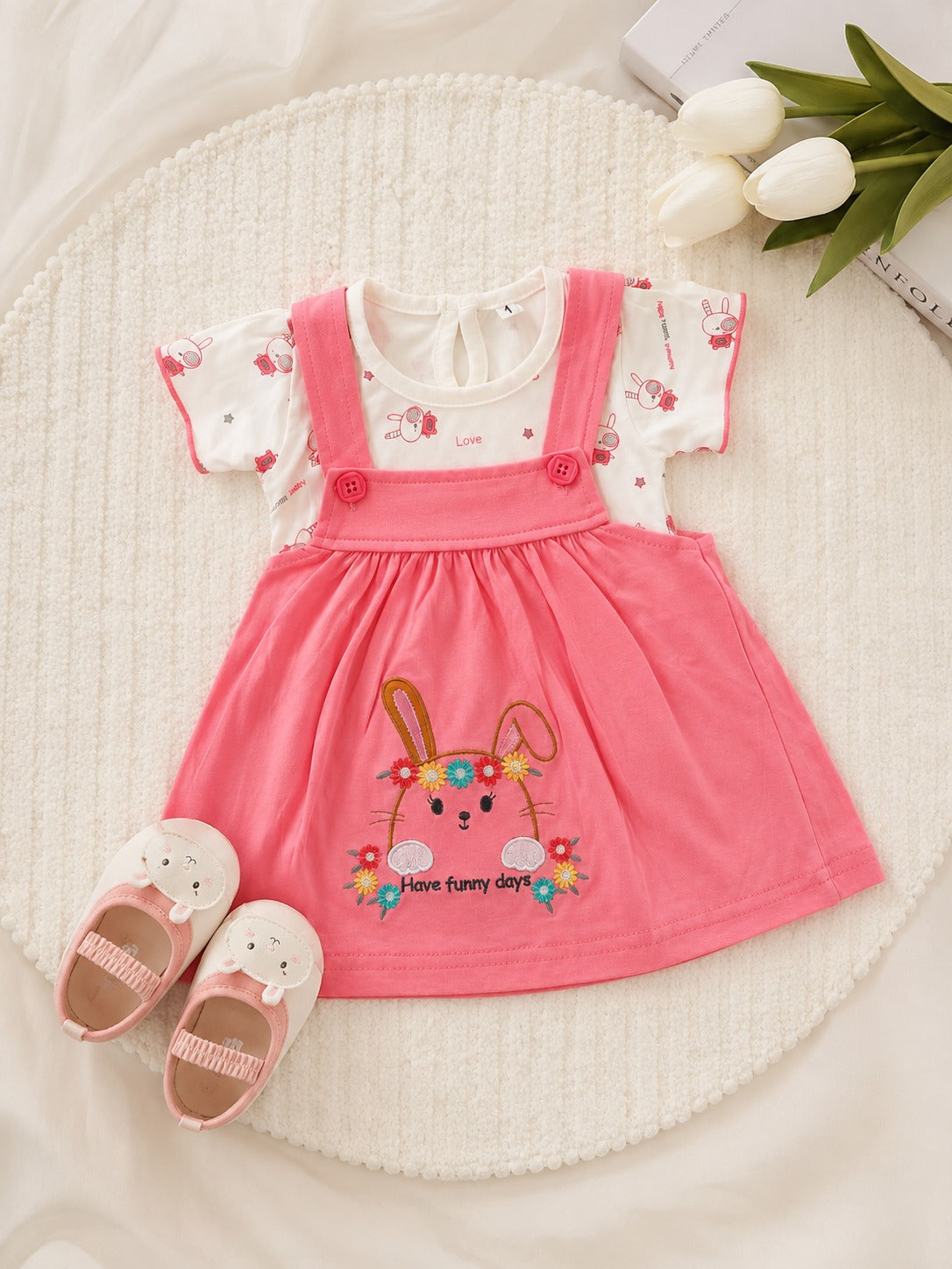 Baby Girls Bunny Embroidered Dress Set | Cute Printed T-Shirt with Suspender Frock | Stylish Casual Outfit for Kids