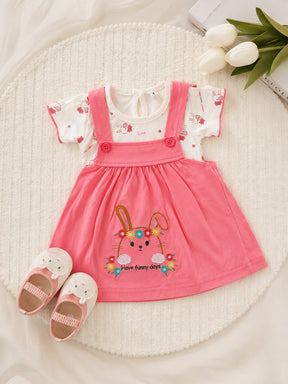 Baby Girls Bunny Embroidered Dress Set | Cute Printed T-Shirt with Suspender Frock | Stylish Casual Outfit for Kids
