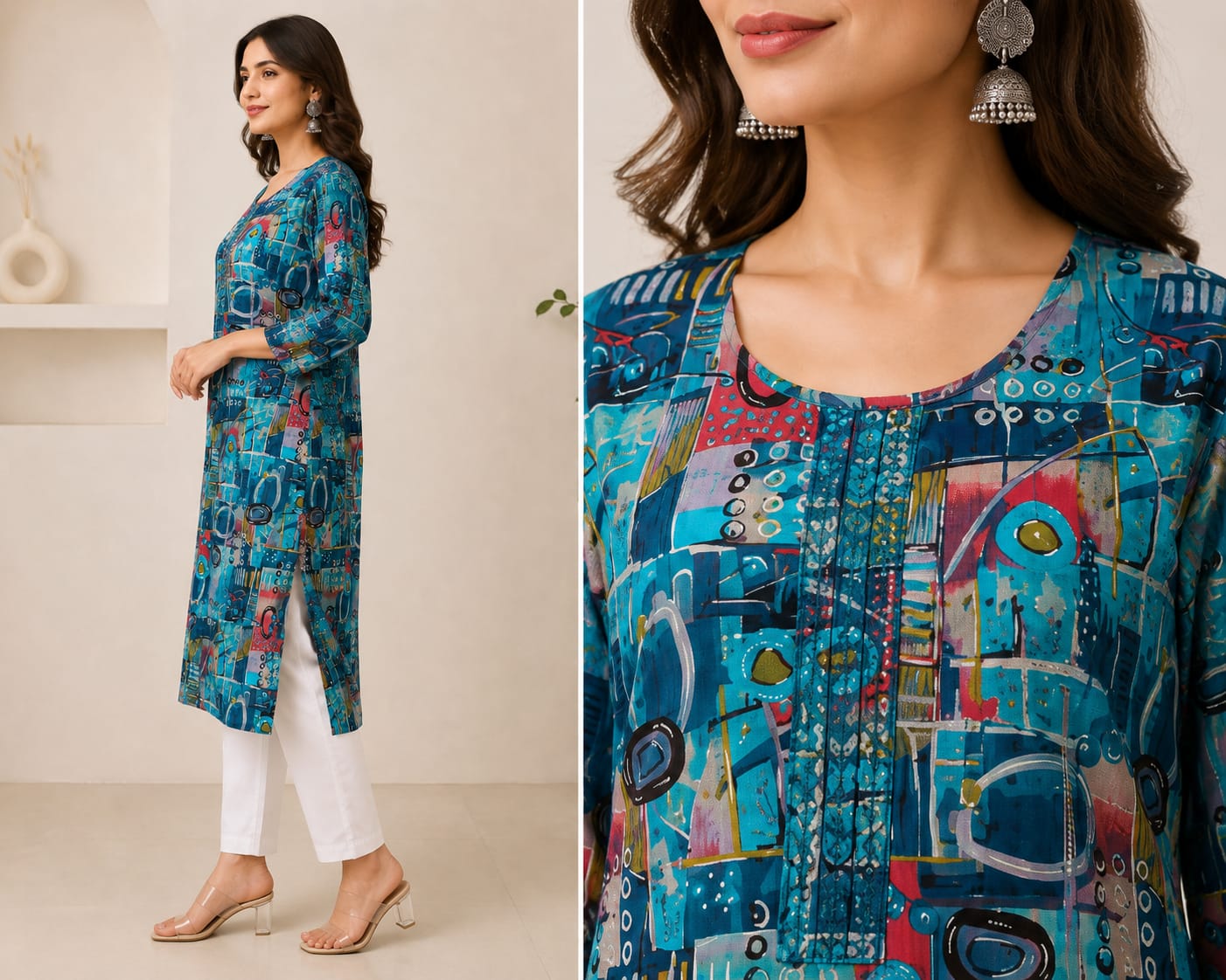Women’s Abstract Printed Long Top | Full Sleeve Straight Fit Kurti Style Top | Casual Ethnic Wear