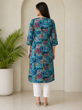 Women’s Abstract Printed Long Top | Full Sleeve Straight Fit Kurti Style Top | Casual Ethnic Wear