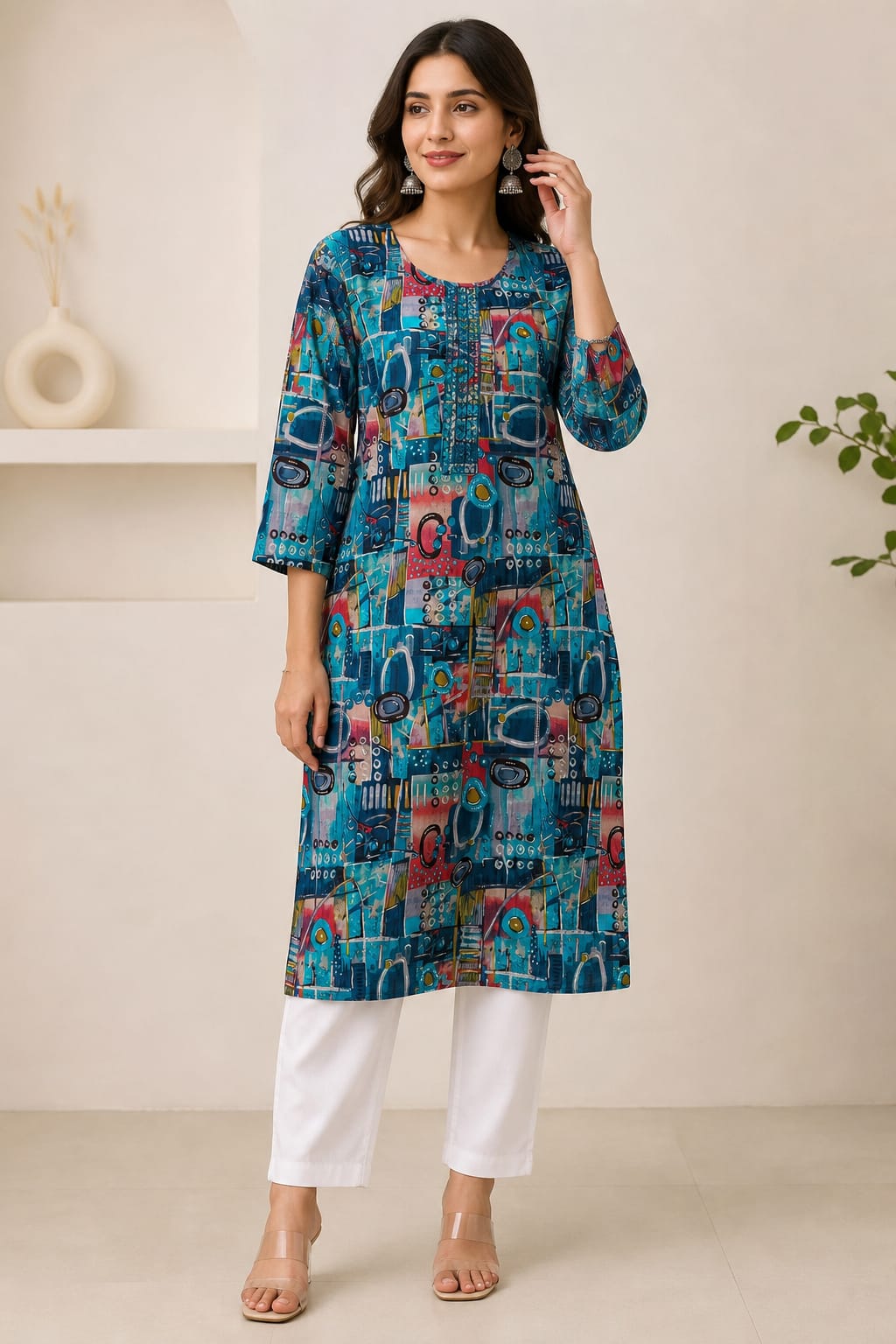 Women’s Abstract Printed Long Top | Full Sleeve Straight Fit Kurti Style Top | Casual Ethnic Wear