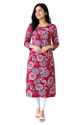 Women’s Red Floral Printed Kurti Style Top | 3/4 Sleeve Straight Fit Casual Top | Elegant Ethnic Wear for Women