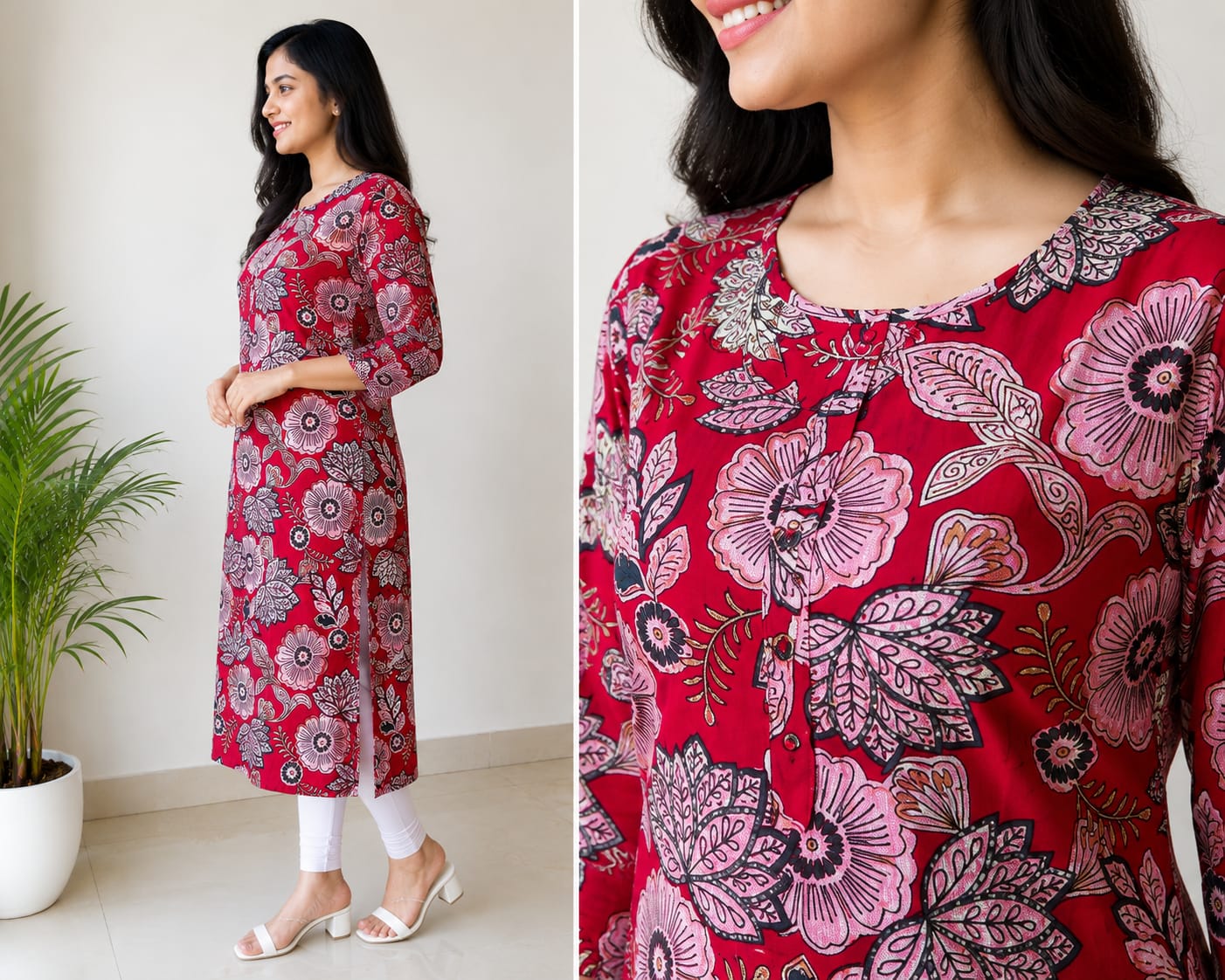 Women’s Red Floral Printed Kurti Style Top | 3/4 Sleeve Straight Fit Casual Top | Elegant Ethnic Wear for Women