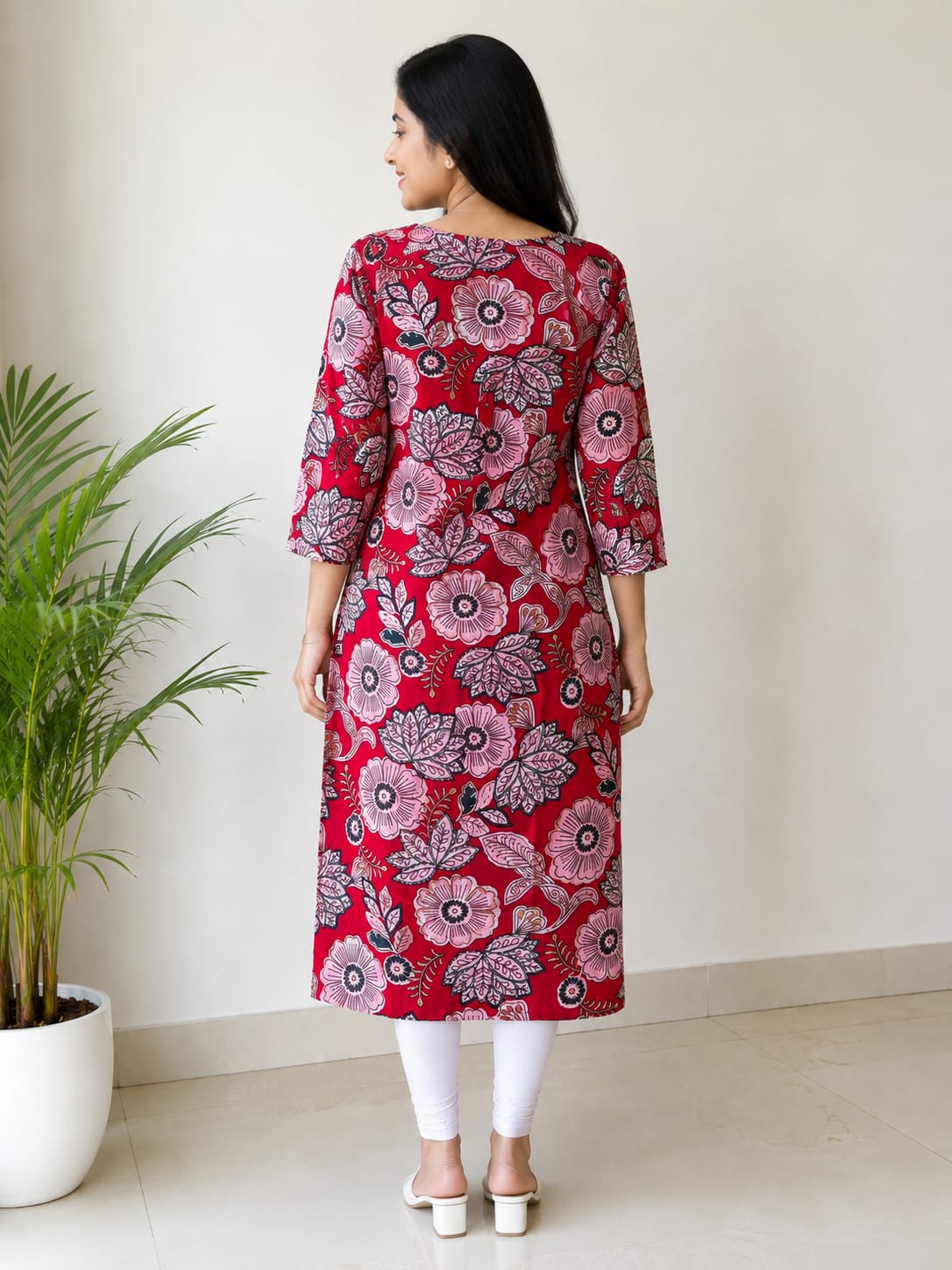 Women’s Red Floral Printed Kurti Style Top | 3/4 Sleeve Straight Fit Casual Top | Elegant Ethnic Wear for Women