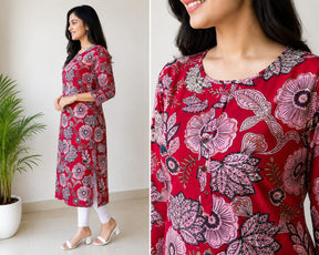 Women’s Red Floral Printed Kurti Style Top | 3/4 Sleeve Straight Fit Casual Top | Elegant Ethnic Wear for Women
