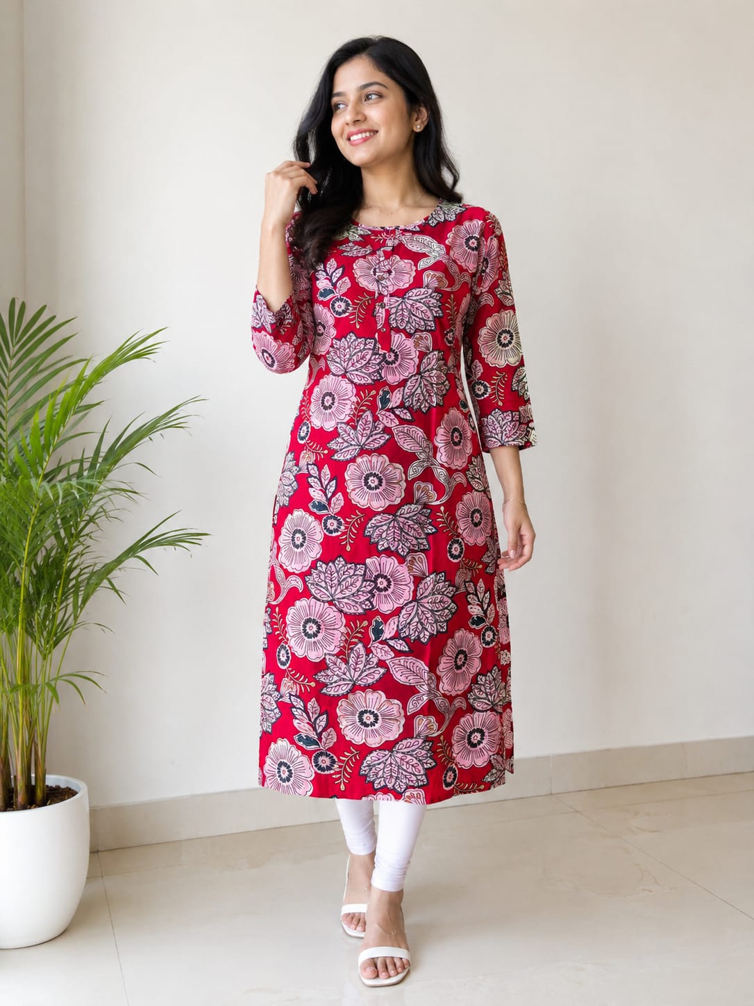 Women’s Red Floral Printed Kurti Style Top | 3/4 Sleeve Straight Fit Casual Top | Elegant Ethnic Wear for Women