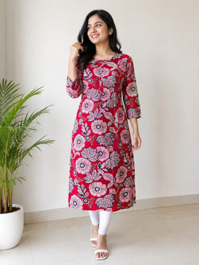 Women’s Red Floral Printed Kurti Style Top | 3/4 Sleeve Straight Fit Casual Top | Elegant Ethnic Wear for Women