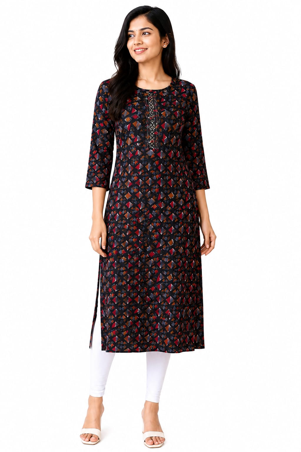 Women’s Black Printed Kurti Style Top | Full Sleeve Straight Fit Long Top with Front Embroidery | Elegant Casual Ethnic Wear