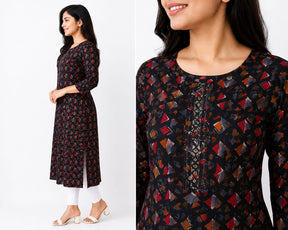 Women’s Black Printed Kurti Style Top | Full Sleeve Straight Fit Long Top with Front Embroidery | Elegant Casual Ethnic Wear