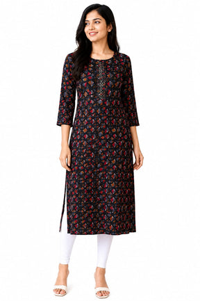 Women’s Black Printed Kurti Style Top | Full Sleeve Straight Fit Long Top with Front Embroidery | Elegant Casual Ethnic Wear