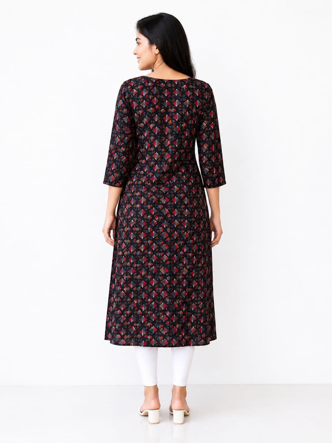 Women’s Black Printed Kurti Style Top | Full Sleeve Straight Fit Long Top with Front Embroidery | Elegant Casual Ethnic Wear