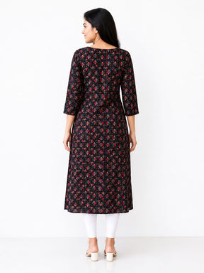 Women’s Black Printed Kurti Style Top | Full Sleeve Straight Fit Long Top with Front Embroidery | Elegant Casual Ethnic Wear
