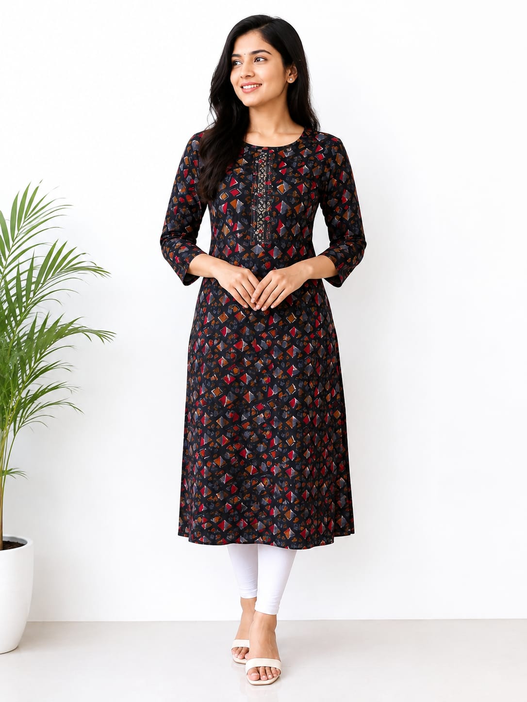 Women’s Black Printed Kurti Style Top | Full Sleeve Straight Fit Long Top with Front Embroidery | Elegant Casual Ethnic Wear
