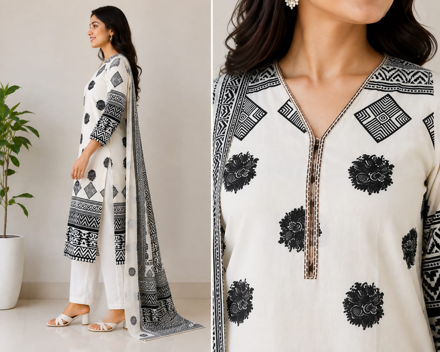 Women’s Black & White Printed Kurta Set with Dupatta & Pants | Ethnic 3-Piece Suit Set