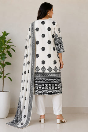 Women’s Black & White Printed Kurta Set with Dupatta & Pants | Ethnic 3-Piece Suit Set