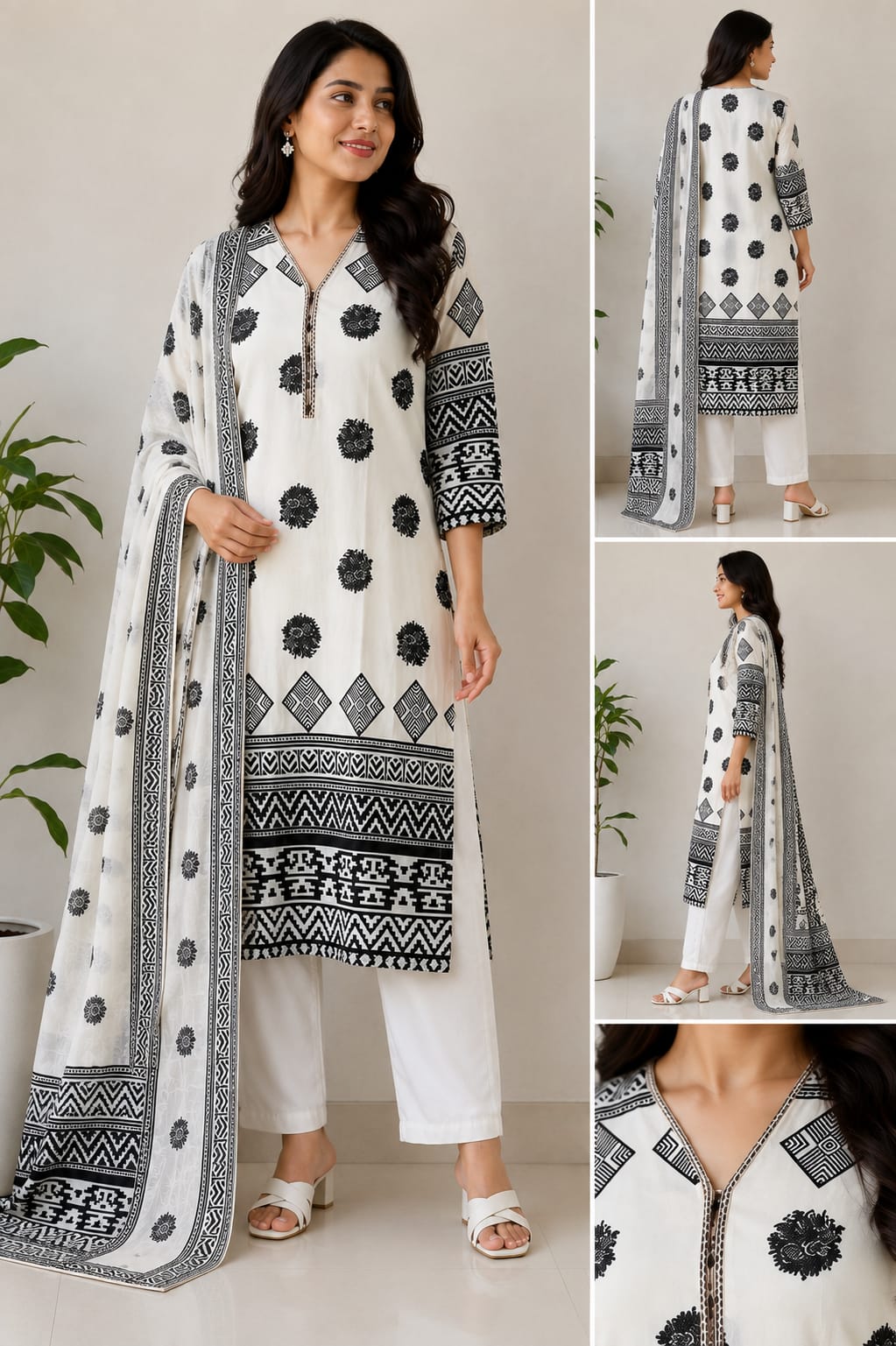 Women’s Black & White Printed Kurta Set with Dupatta & Pants | Ethnic 3-Piece Suit Set