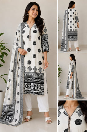Women’s Black & White Printed Kurta Set with Dupatta & Pants | Ethnic 3-Piece Suit Set