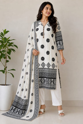 Women’s Black & White Printed Kurta Set with Dupatta & Pants | Ethnic 3-Piece Suit Set