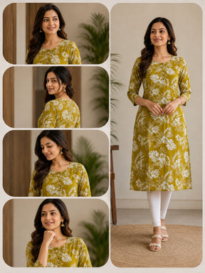 Mustard Yellow Floral Printed Women’s Cotton Kurti Top | Stylish Casual & Daily Wear