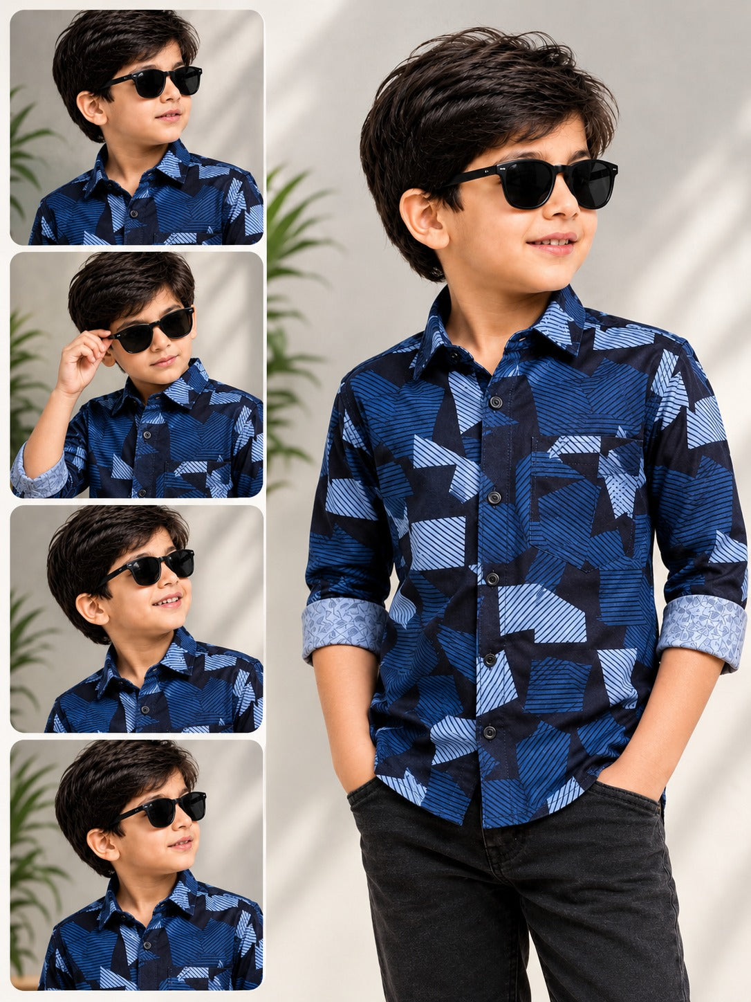 Boys Navy Blue Geometric Printed Cotton Shirt | Stylish Casual & Party Wear Kids Shirt