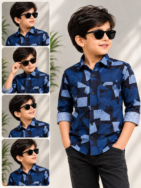 Boys Navy Blue Geometric Printed Cotton Shirt | Stylish Casual & Party Wear Kids Shirt