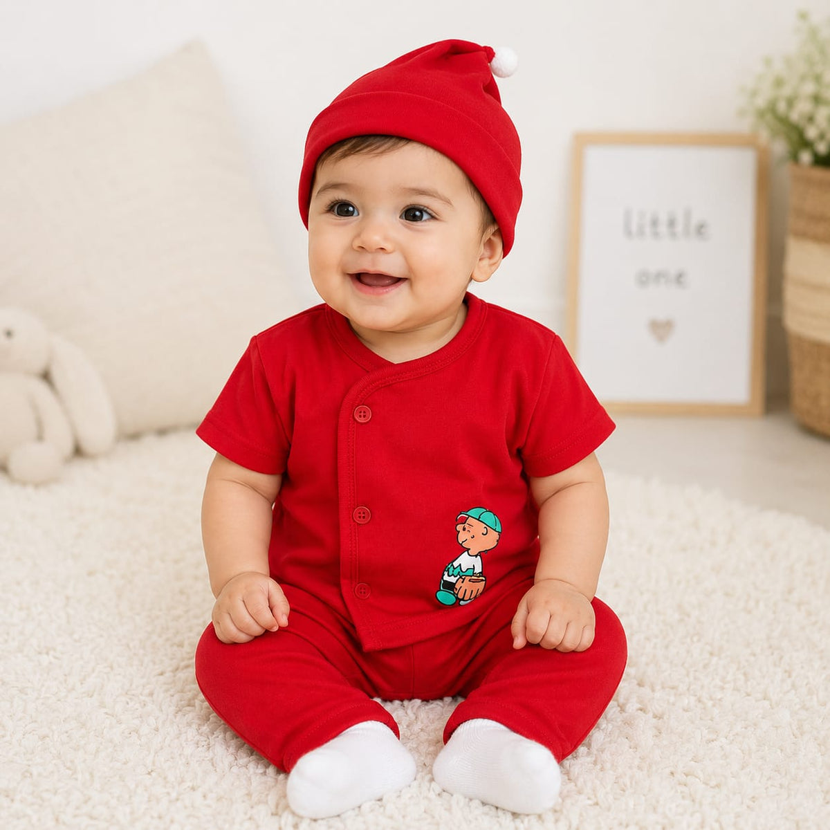 Baby Red Cotton Cute Cartoon Print Outfit Set with Matching Cap | Comfortable Newborn & Infant Clothing Set