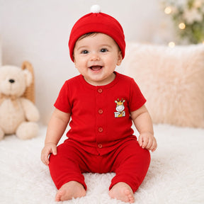 Red New Born Giraffe Print Clothing Set with Button Top, Pants & Cap