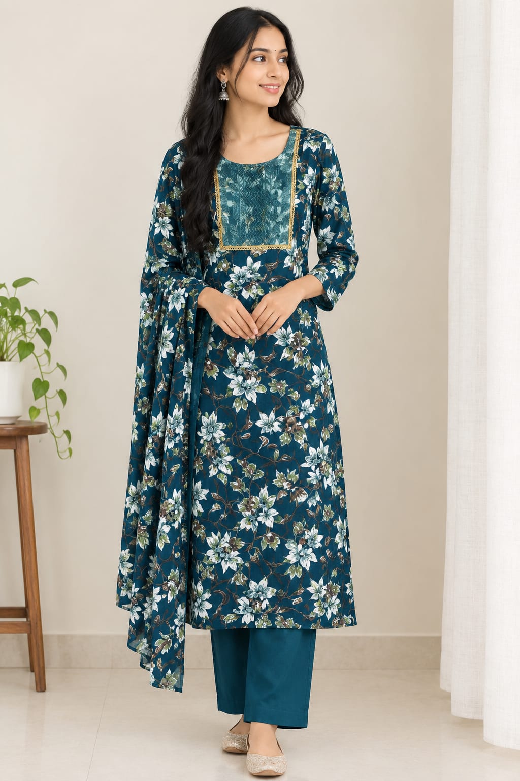 Women’s Teal Blue Floral Printed Kurta Set with Dupatta & Pants | 3-Piece Ethnic Wear