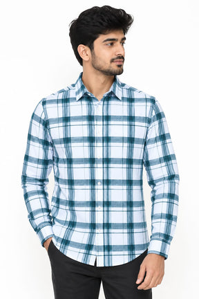 Men’s White & Denim Blue Checkered Full Sleeve Casual Shirt | Stylish Plaid Button-Down Shirt