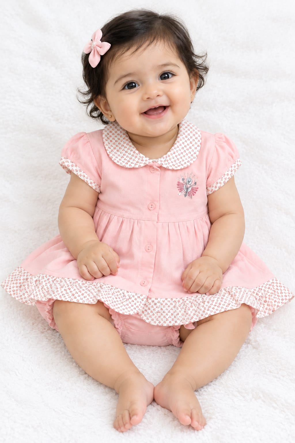 Baby Girl Frock Set with Matching Bloomers | Cute Cotton Dress with Printed Collar & Frill