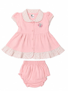 Baby Girl Frock Set with Matching Bloomers | Cute Cotton Dress with Printed Collar & Frill