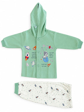 Baby Boy Cotton Hoodie Set with Printed Track Pants | Full Sleeve Hooded Jacket & Bottom Wear | Winter Wear Set