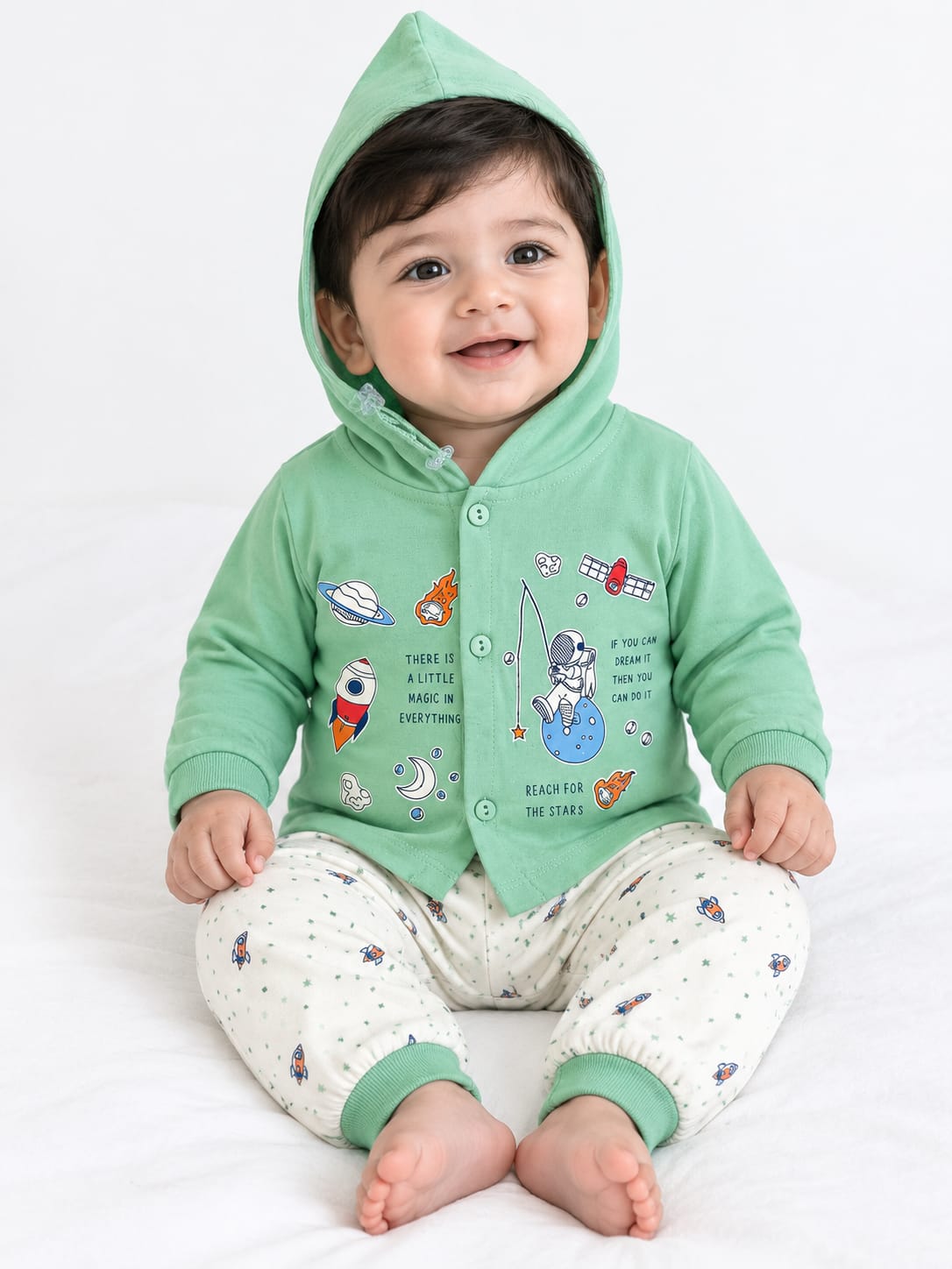 Baby Boy Cotton Hoodie Set with Printed Track Pants | Full Sleeve Hooded Jacket & Bottom Wear | Winter Wear Set