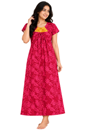 Women’s Cotton Nighty |  Floral Printed Night Dress with Short Sleeves & Round Neck