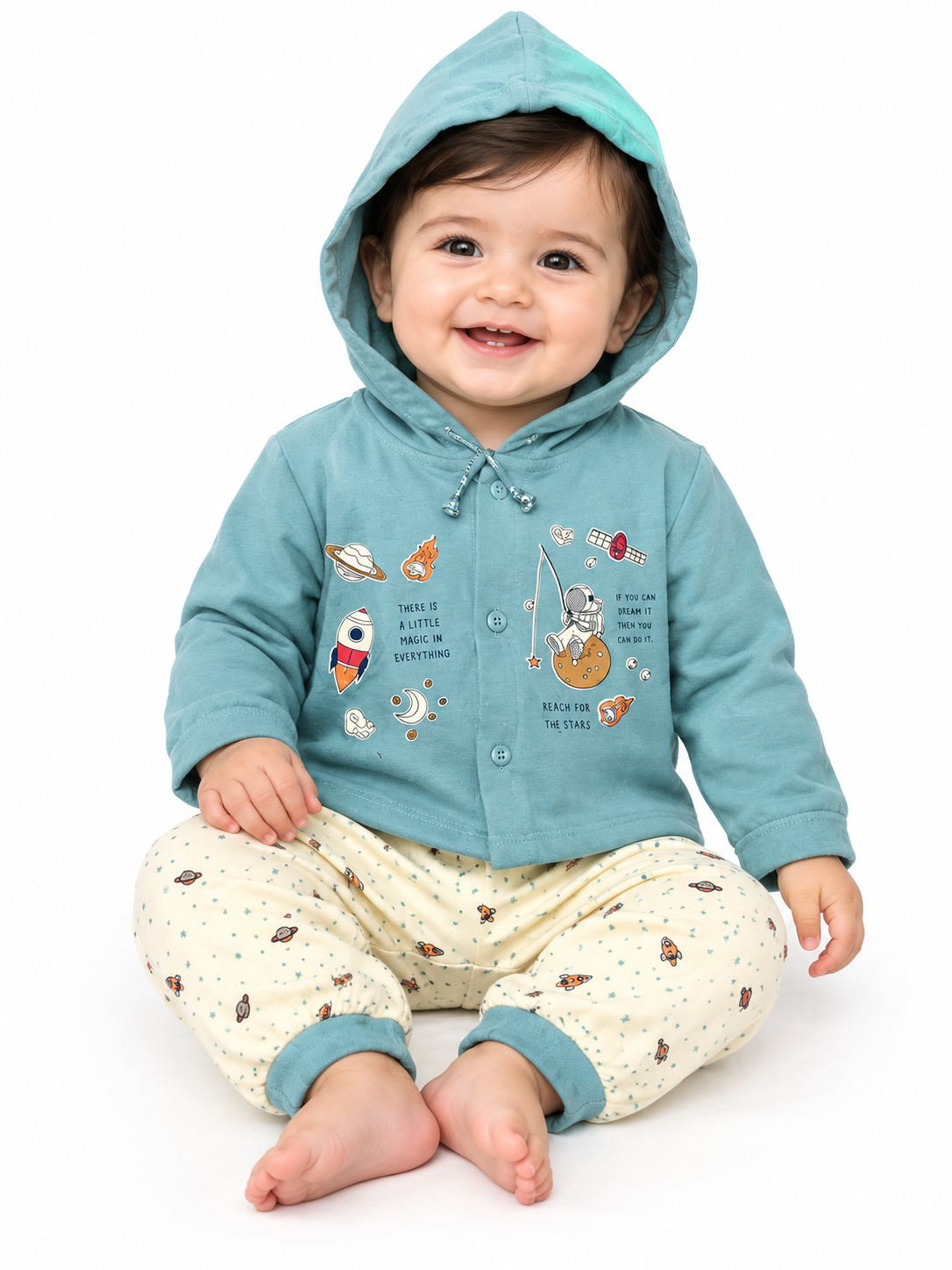 Baby Boy Cotton Hoodie Set with Printed Track Pants | Full Sleeve Hooded Jacket & Bottom Wear | Winter Wear Set