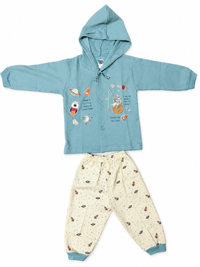 Baby Boy Cotton Hoodie Set with Printed Track Pants | Full Sleeve Hooded Jacket & Bottom Wear | Winter Wear Set