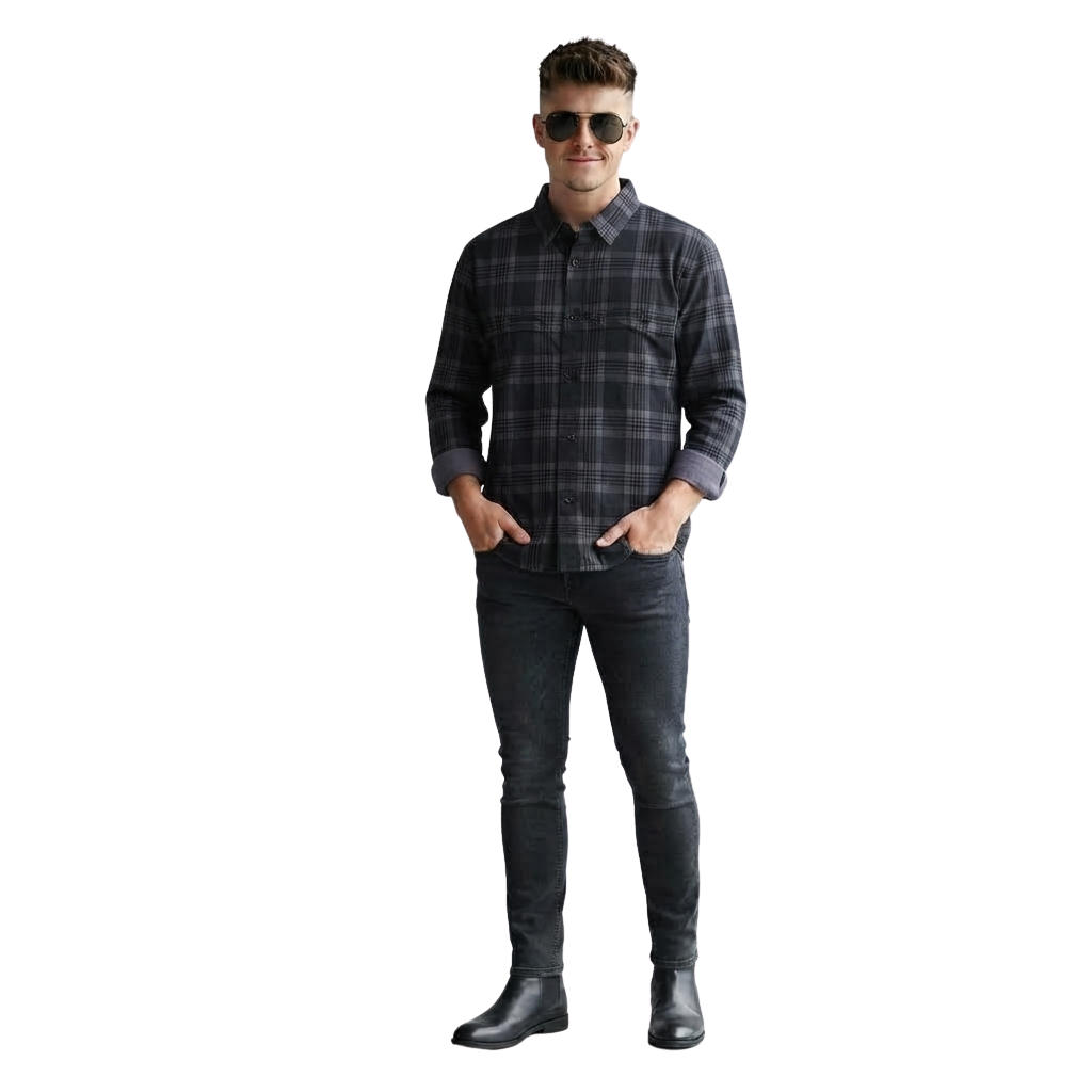 Men’s Black & Grey Checkered Full Sleeve Casual Shirt | Stylish Plaid Button-Down Shirt