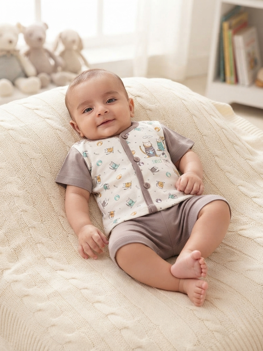 New born 2-Piece Cotton Co-Ord Set | Cute Cat Printed T-Shirt & Shorts Set