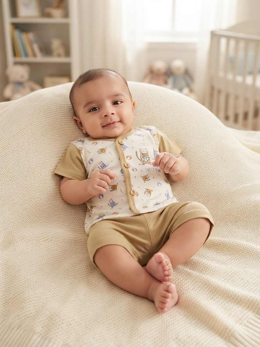 New born 2-Piece Cotton Co-Ord Set | Cute Cat Printed T-Shirt & Shorts Set