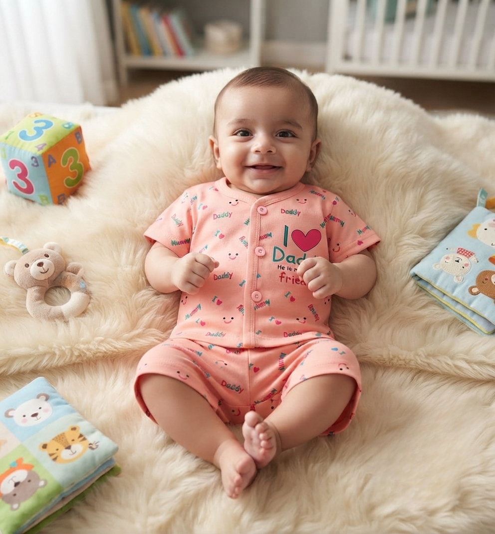 New born 2-Piece Cotton Dress Set –" I LOVE DADDY" Print Short Sleeve Top & Matching Shorts