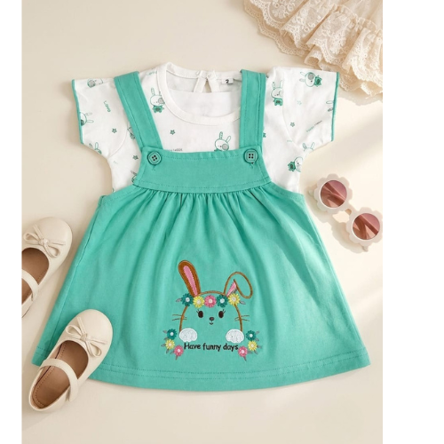 Baby Girls Bunny Embroidered Dress Set | Cute Printed T-Shirt with Suspender Frock | Stylish Casual Outfit for Kids