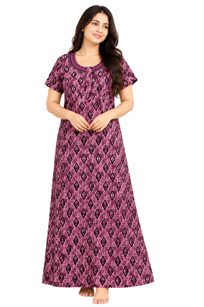 Women’s Cotton Nighty | Pink Printed Long Night Dress | Half Sleeve Round Neck Nightgown for Women
