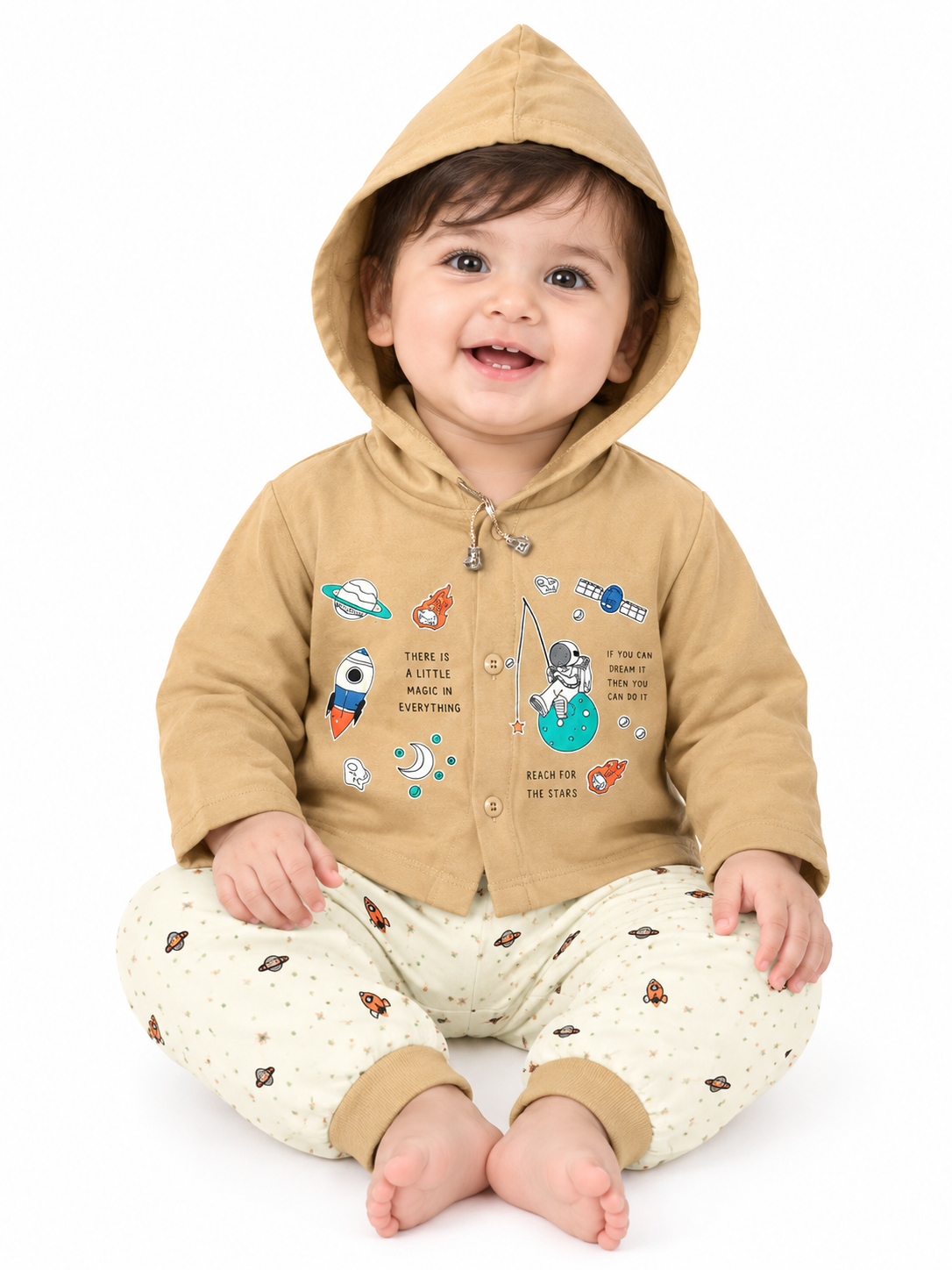 Baby Boy Cotton Hoodie Set with Printed Track Pants | Full Sleeve Hooded Jacket & Bottom Wear | Winter Wear Set