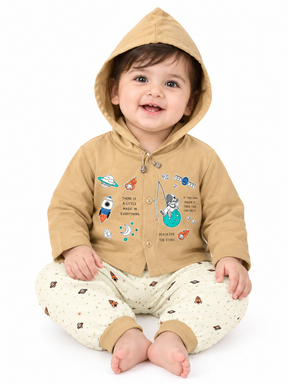 Baby Boy Cotton Hoodie Set with Printed Track Pants | Full Sleeve Hooded Jacket & Bottom Wear | Winter Wear Set