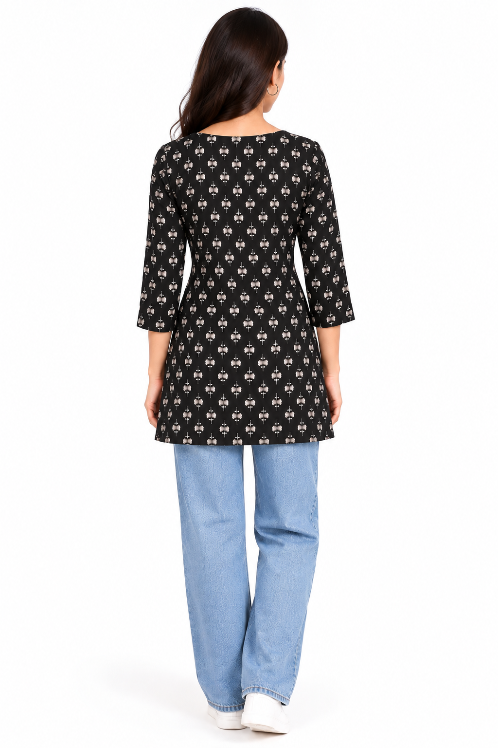 Women’s Black Printed Cotton Short Kurthi with 3/4 Sleeves | Casual Ethnic Tunic Top