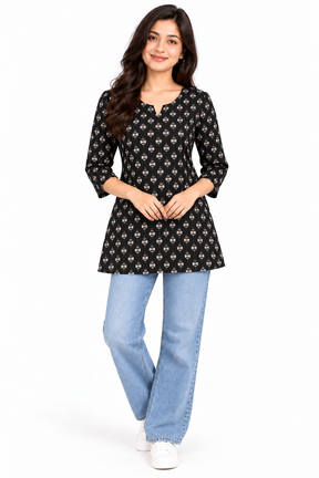 Women’s Black Printed Cotton Short Kurthi with 3/4 Sleeves | Casual Ethnic Tunic Top